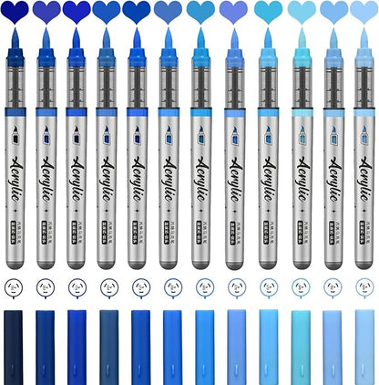 Blue Acrylic Paint Pens,12 Color Paint Pens Markers,Brush Tip Paint Pens for Rock Painting Wood Glass Ceramic Canvas Stone DIY Crafts Making Art Supplies