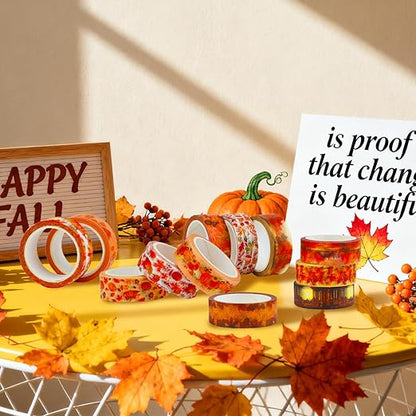 12 Rolls Autumn Washi Tape Set, Fall Maple Leaves Pumpkin Sunflower Thanksgiving Decorative Tape for Bullet Journal, Planner, DIY Arts Crafts, Scrapbooking, Gift Wrapping 16.4FT