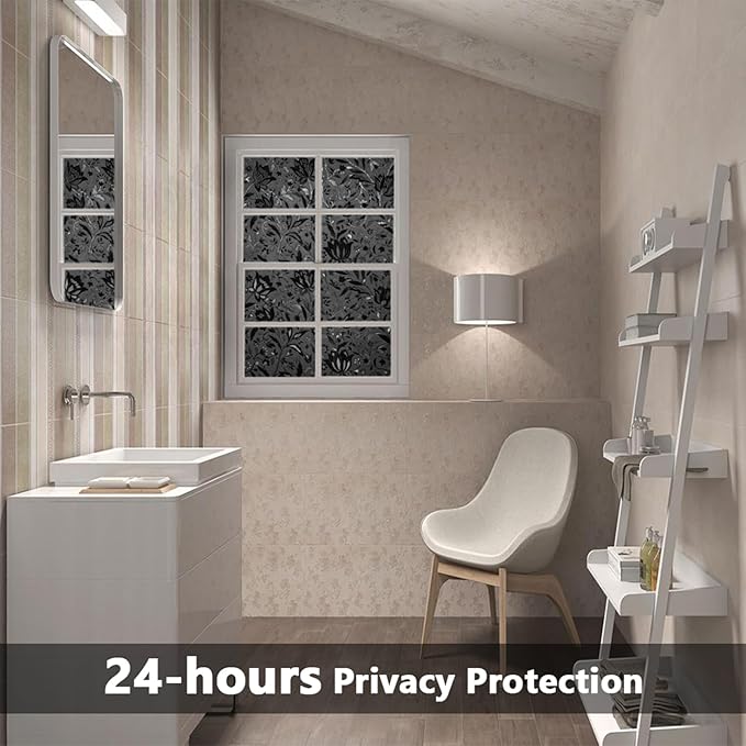 LEMON CLOUD Total Blackout Window Film Privacy Static Cling Frosted Black Window Covering 100% Opaque Film Tint Darkening Removable Film for High Privacy，(Blackout Tulip Design,17.5 x118.1 inches)