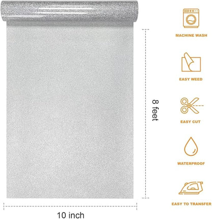 Silver Glitter HTV Heat Transfer Vinyl Rolls- 10" x 8ft. Glitter HTV Silver for Shirts. Iron on Vinyl and Heat Transfer Vinyl for All Cutters Machines. Easy to Cut & Weed Heat Vinyl Designs