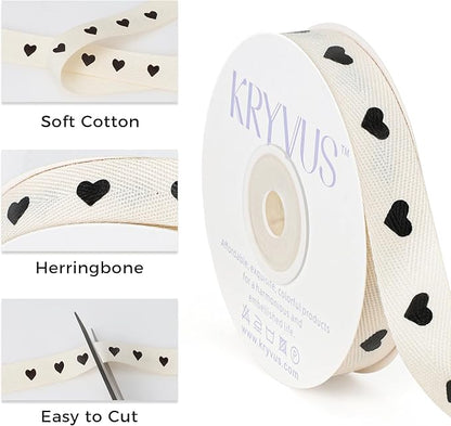 Black Hearts Ribbon - 5/8 Inch x 12 Yards Natural Twill Tape Ribbon, Cotton Herringbone Ribbons for Gift Wrapping, Birthdays, Weddings, Christmas, Anniversaries, Valentine's Day, Mother's Day