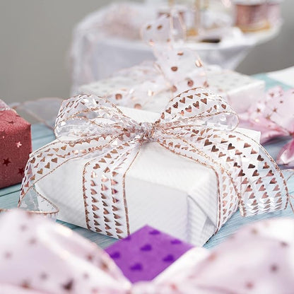 MEEDEE Heart Wired Ribbon - 2.5 Inch Rose Gold & Pink Sheer Organza Ribbon, 25 Yards Roll, Perfect for Valentine Bows & Decor