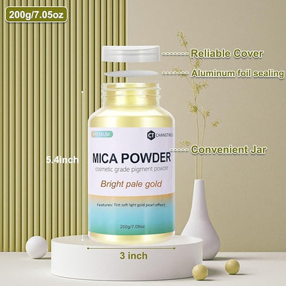 Mica Powder,7.05OZ（200g）,Bright Pale Gold Mica Powder Pigment for Epoxy Resin，Lip Gloss，Car Paint，Dye，Soap Making，Nail Polish,Epoxy Resin,Candle Making,Bath Bombs
