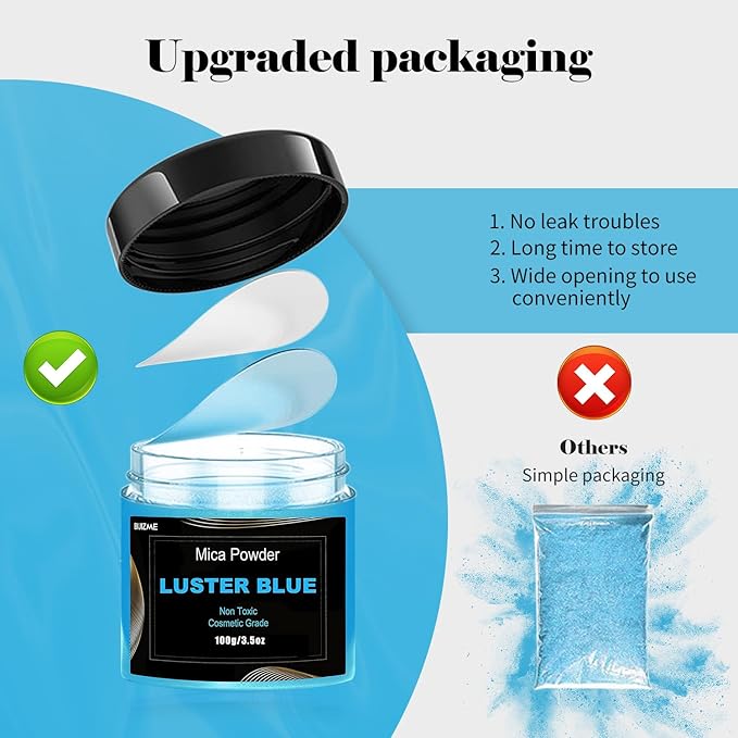 Blue Mica Powder(100g) Big Bottle Pigment Powder Multipurpose DIY Arts and Crafts Additive, Woodworking, Epoxy, Resin, Natural Bath Bombs, Paint, Soap,Nail Polish, Lip Gloss(Luster Blue, 3.5oz)