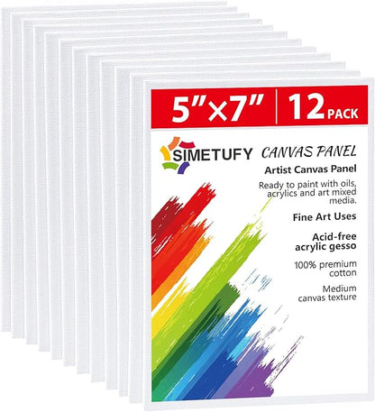 Simetufy 12 Pack 5x7 Inch Small Flat Canvas Boards for Painting, Gesso Primed Acid-Free 100% Cotton Blank Canvas Panels for Kids, Non Toxic