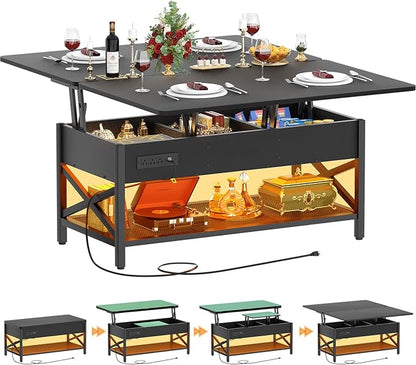 Aheaplus Coffee Table Lift Top Multi-Function Coffee Table Converts to Dining Table, with LED Light and Power Outlet, Center Table with Shelves for Living Room Reception Home Office, Black