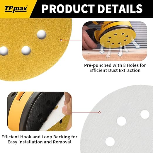 100PCS 5 Inch 600 Grit 125mm 8 Hole Sanding Discs Sandpaper - Premium Gold Round Hook and Loop for Random Orbital Sander - Ideal for Wood, Metal, Automotive