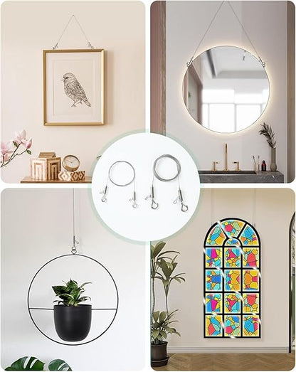 4PCS Adjustable Picture Hanging Wire 2m x 1.5mm Large Hooks, Picture Frame Wire Kit Heavy Duty 100lbs, Stainless Steel for Art, Mirror, Light Lamp, Billboards, Basket Flowerpot