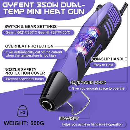Gyfent Heat Gun with 100Pcs Solder Seal Wire Connectors & 200Pcs Heat Shrink Tubing, 662°F/752°F(350°C/400°C) 350W 2-Temp Mini Heat Gun with 5Ft Power Cord for Crafting Shrink Tubing Embossing DIY