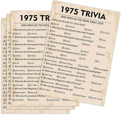 50th Birthday Party Games, 1975 Trivia Games, Birthday Party Supplies for Adults, Fun 1975s Party Game，Pack of 30 Cards
