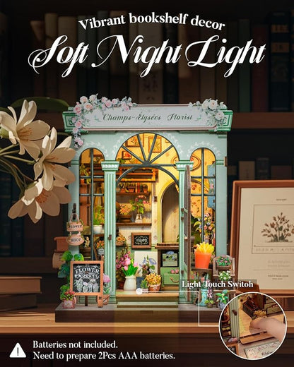 Cutefun Book Nook Kit - DIY Miniature Dollhouse Kit 3D Creative Decorative Bookend 3D Wooden Puzzle for Adults, Bookshelf Insert Room Decor with LED Light (Champs-Élysées Florist)