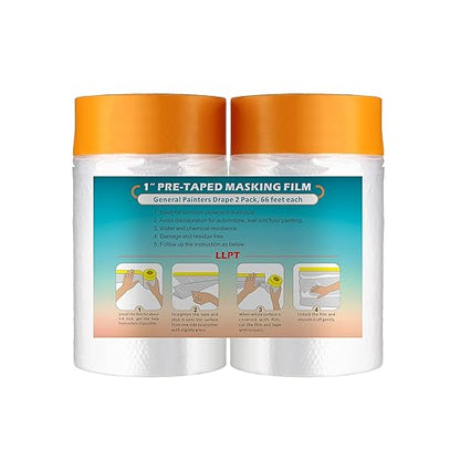 LLPT Tape and Drape 25.6”(Unfolded) x 66 Ft Each 2 Pack Pre-Taped Masking Film 0.27 Mil Painters Plastic Drop Cloth for Auto Wall Furniture Painting Protection (MFT652)