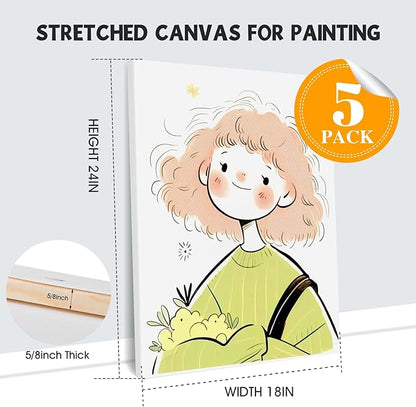 ESRICH Stretched Canvas for Painting 18x24 Inch, 5Pack Large Canvas for Painting, Primed Acid-Free Cotton Blank Canvases, Art Paint Canvases for Oil Paint,Watercolor,Acrylic Paint,Gouache and Tempera.