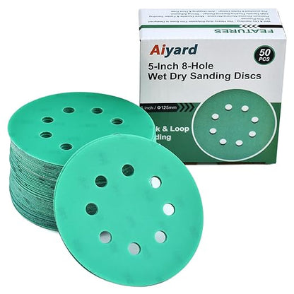 5-Inch 8-Hole Wet Dry Sanding Discs 800 Grit, Polyester Film Backed Heavy-Duty Hook and Loop Sandpaper for Random Orbital Sander, 50-Pack