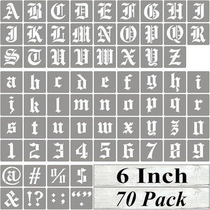 6 Inch Alphabet Letter Stencils for Painting - 70 Pack Old English Letter Stencil Templates with Numbers and Signs for Painting on Wood, Reusable Letters Stencils for Chalkboard Wood Signs & Wall Art