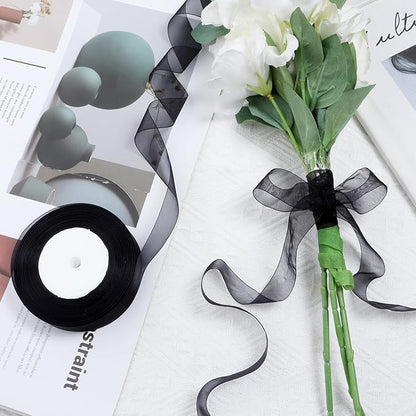 Ribbon for Gift Wrapping 3/4 inch Black Sheer Organza Ribbon for Flower Bouquet Tulle Thin Chiffon Ribbons for Wedding Invitations Christmas Halloween Presents Decorations Crafts 50 Yards