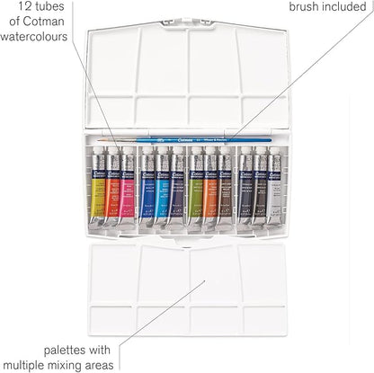 Winsor & Newton Cotman Watercolor Paint Set, 12 Colors, 8ml (0.27-oz) Tubes w/ Brush
