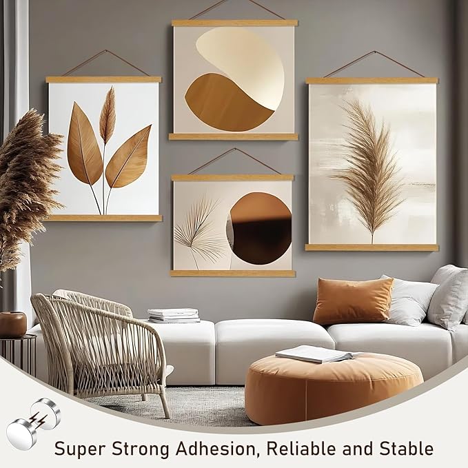 Artmag Magnetic Poster Hanger Frame, 26x38 26x37 26x20 Light Wood Wooden Magnet Canvas Artwork Print Poster Hangers Frames Hanging Kit (Teak Wood, 26")