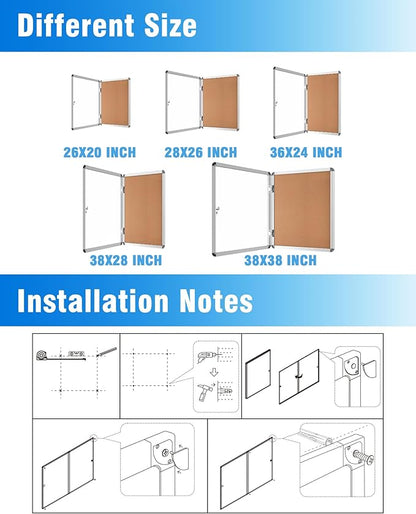 2 Pack 26"x20" Enclosed Bulletin Board, Lockable Weather-Resistant Aluminum Cork Noticeboard for School & Office, Silver Frame w/Cork