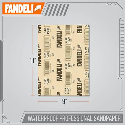 Fandeli | Waterproof Sandpaper | 400 Grit | 25 Sheets 9'' x 11'' | For for Plastic, Lacquer, Varnish, and Pain | Water Resistant