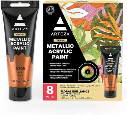 Arteza Metallic Acrylic Paint, Set of 8 Floral Brilliance Colors 4 oz Tubes, Rich Pigments, Non Fading, Non Toxic Paints for Artists & Hobby Painters