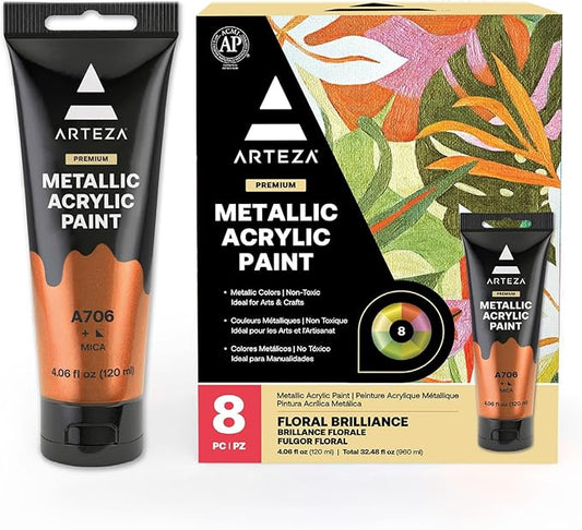 Arteza Metallic Acrylic Paint, Set of 8 Floral Brilliance Colors 4 oz Tubes, Rich Pigments, Non Fading, Non Toxic Paints for Artists & Hobby Painters