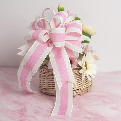 MEEDEE Pink White Stripe Wired Burlap Ribbon with Ivory Stripes Edge - 2.5 Inch, Light Pink (10 Yards) for Wreaths, Garland, Lantern, Mailbox Topper Bow