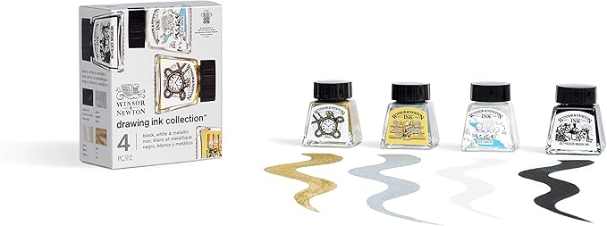 Winsor & Newton Collection Drawing Ink Set, Set of 4, Black, White, Metallic Tones
