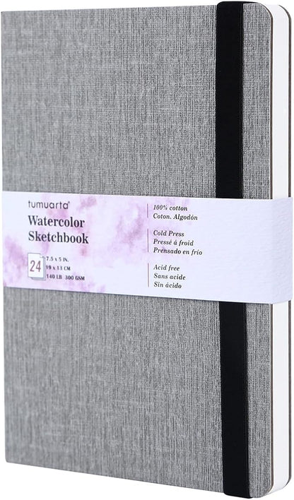 tumuarta Watercolor Sketchbook, 7.5x5, 140 LB, 300GSM, 100% Cotton Paper, Cold Press, 24 Sheets,48 Pages, Watercolor Journal for Use As Travel Sketch Book and Mixed Media Pad On The Go