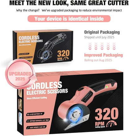 Cordless Electric Scissors: 4V Rechargeable Cardboard Cutter, 3 Blades, Safety Lock & LED Light, Box Cutter for Carton Carpet Plastic Fabric Leather (Pink)