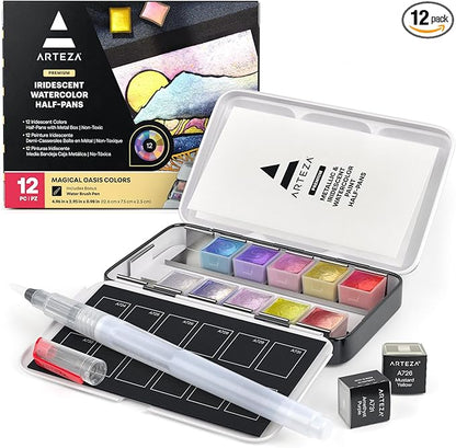 ARTEZA Metallic Watercolor Paint Set – 12 Iridescent Half Pans, Compact Travel Palette with Brush for Painting, Journaling & Mixed Media