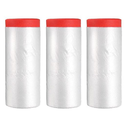 uxcell Pre-Taped Masking Film, 3.6ft x 66ft High-Tack Painters Tape Plastic Drop Cloth with High-Tack Painters Tape for Painting Protection Red 3Pcs