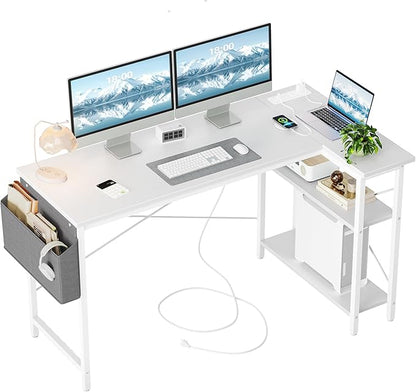 TIQLAB L Shaped Computer Desk with Power Outlets, 55 Inch Small Corner Desk with Reversible Shelves, Gaming Desk Computer Table Study Writing Desk for Home Office Small Space, White