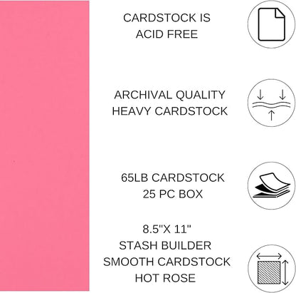 PA Paper Accents Stash Builder Cardstock 8.5" x 11" Hot Rose, 65lb Colored cardstock Paper for Card Making, Scrapbooking, Printing, Quilling and Crafts, 25 Piece Pack