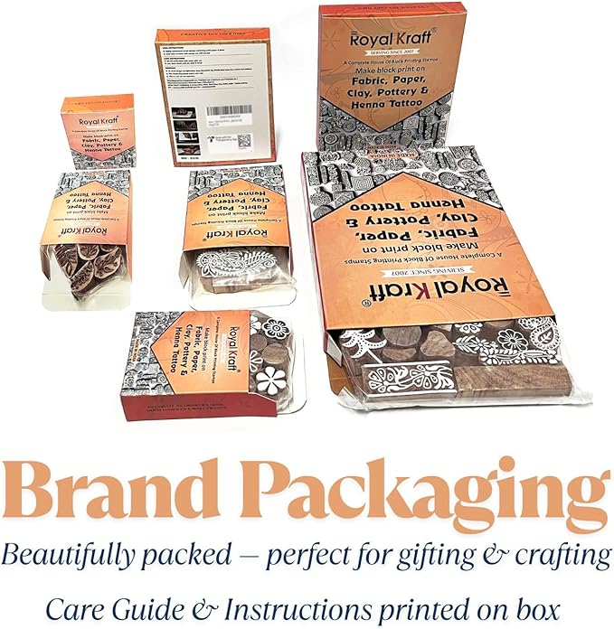 Royal Kraft Wooden Stamps for Block Printing on Saree Border, Textile, Clay, Pottery, Tattoo (Set of 10) MXtag0011