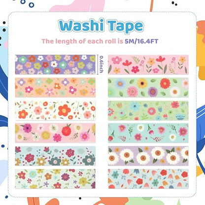 12 Rolls Sunflower Washi Tape Set, Floral Botanical Writable Masking Tapes, Cute Spring Colored Adhesive Tapes for DIY Art Crafts, Gift Wrapping, Scrapbook, School Supplies, Painters, Planners 16.4Ft