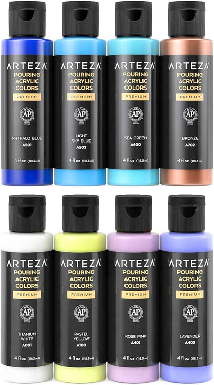 ARTEZA Acrylic Pouring Paint Set, 8 Pastel Colors, 4 oz Bottles, High-Flow Paint, No Mixing Needed, Art Supplies for Canvas, Glass, Paper, Wood, Tile, and Stones
