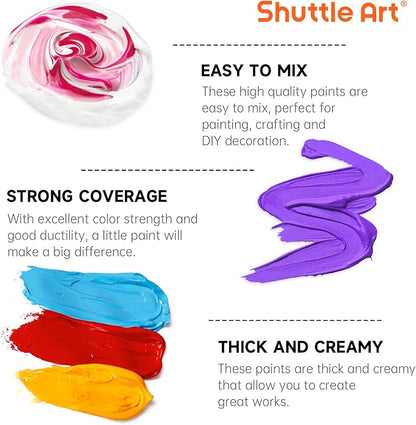 Shuttle Art 12 Colors Acrylic Paint, 250ml/8.45oz Bottles Acrylic Paint Set, Rich Pigments, Bulk Painting Supplies for Artists, Beginners and Kids Painting on Rocks Crafts Canvas Wood
