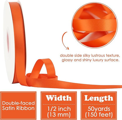 HUIHUANG Orange Ribbon 1/2 inch Continuous 50 Yards Tangerine Double-Faced Satin Ribbon for Gift Wrapping, Bows, DIY Crafts, Flower Bouquet, Wedding Decor, Holiday Decor