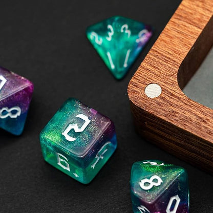 7-Die DND Dice Set Polyhedral Dice Set with a Leather Bag, D&D Dice Set for Dungeons and Dragons, RPG Table Games (Rose Blue w/Glitter)