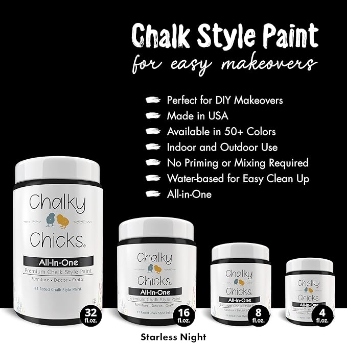 Chalky Chicks All-in-One Chalk Paint for Furniture or Cabinet - 16 Fl Oz - Matte Finish Starless Night Black for Metal, Wood Furniture Paint - No Sanding All-in-One for Home Decor & Crafts, USA Made
