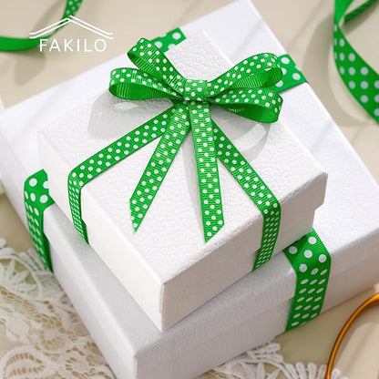 Polka Dot Grosgrain Ribbon 3/8 Inch, 25 Yards Spool Green and White Polka Dot Ribbon for Christmas Gift Wrapping DIY Crafts Hair Bows Wedding Party Decor Sewing and Home Decoration