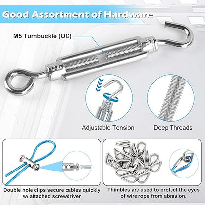 Turnbuckles for Cables Wire, 1/8" X 100Ft Blue PVC Coated Wire Rope Kit, Multi-use Steel Cable for Grape Vines/Clothes Line Outdoors for T Post/String Light Hanging/Garden Wire