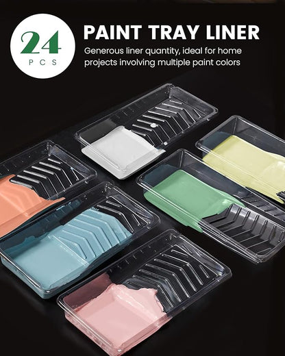 Voomey 4 Inch Paint Roller Tray - 24 Pack Plastic Liners & 1x Roller Frame, 4" Paint Tray Set, for Home Decor, Walls and Furniture Painting