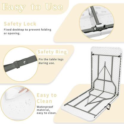 Set of 2 Folding Table 5 FT Camping Table Portable Heavy Duty Plastic Rectangular Outdoor Dining Table Steel Legs Fold-in-Half with Carrying Handle for Indoor,Picnic,Party,Wedding,Events(White)