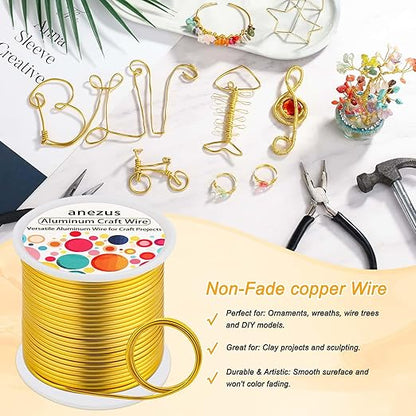 Anezus 12 Gauge Craft Wire Bendable - 2mm Metal Armature Sculpting Wire for Crafting, Wreath Making, Jewelry Making, Beading, Floral (Golden, 100 Feet)