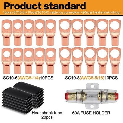 8 Gauge Wire Copper Aluminum CCA 50FT(25FT Red+25FT Black) Power & Ground Cable with 60A Fuse Holder,8ga Lugs,3:1 Heat Shrink Tube - Amp Wiring Kit for Car Audio,Battery,RV Trailer,Marine