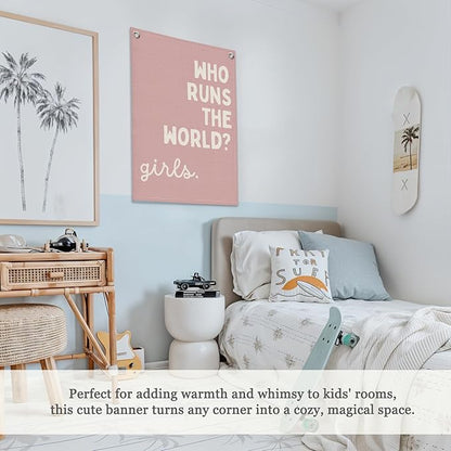 Girls Room Decor for Nursery Decor Linen Canvas Banner,Pink Who Runs The World Girl,Inspirational Wall Hanging Flag Banner for Baby Kids Girl Bedroom Dorm 18x25 Inch