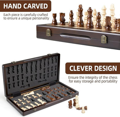 Magnetic Wooden Chess Set for Adults Kids,15" Folding Chess Board with Wood Texture 2 Extra Queens - Handmade Pieces Travel Board Games for Professional Beginner