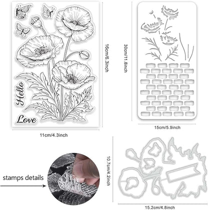 ORIGACH Realistic Corn Poppy Flower Stamps and Die and Layering Coloring Stencil Bundle for Card Making Album Arts Crafts Supplies